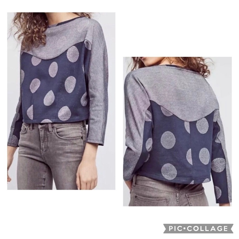 ANTHROPOLOGIE POSTMARK Women’s Navy Blue Silver Metallic Polka Dot Top Size SP